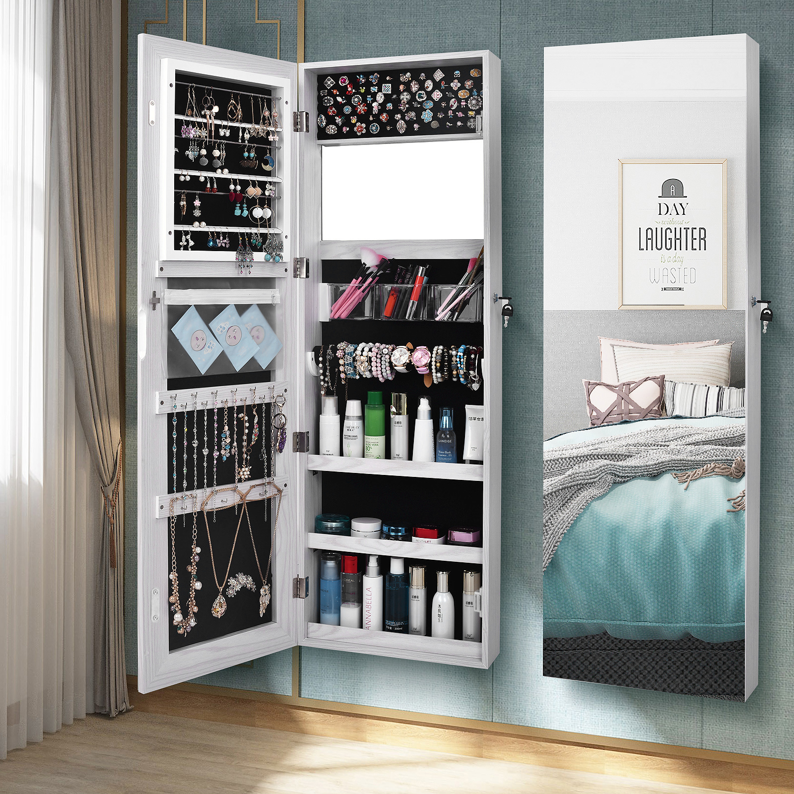 Details About Lockable Mirror Jewelry Cabinet Armoire Makeup Storage With Full Length